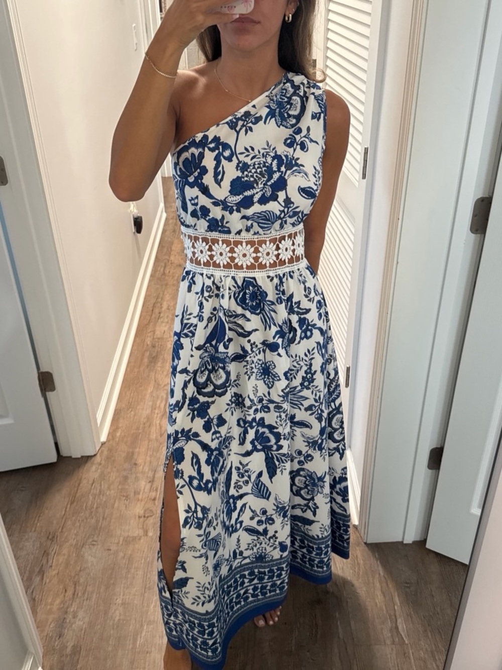 SHEIN One-Shoulder Blue & White Floral Maxi Dress with Lace Waistband